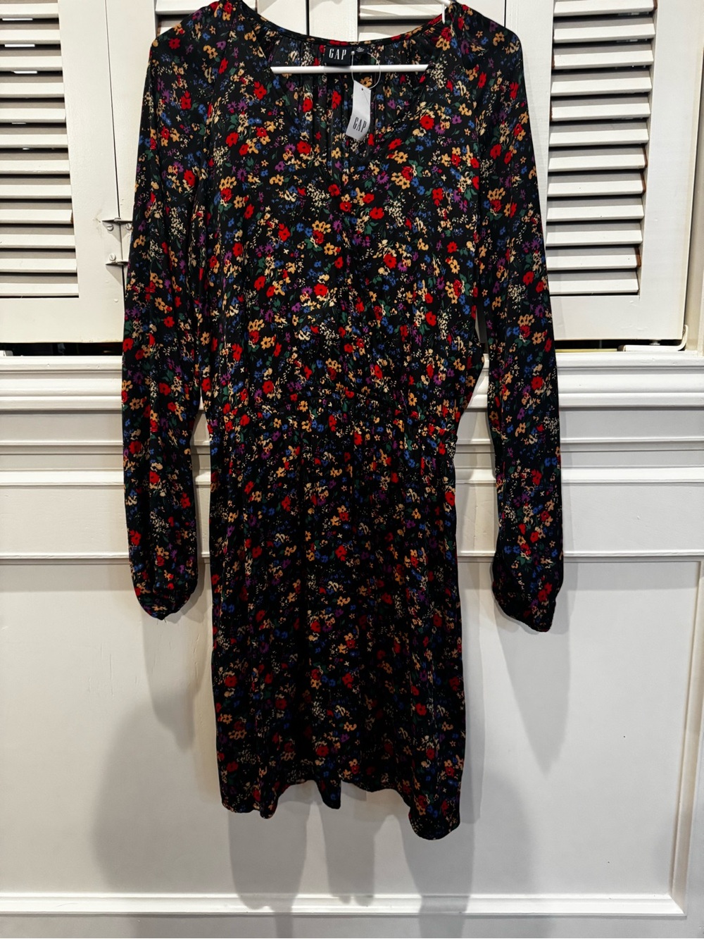 GAP Black Floral Midi Dress with Red, Yellow, Blue and Purple Flowers